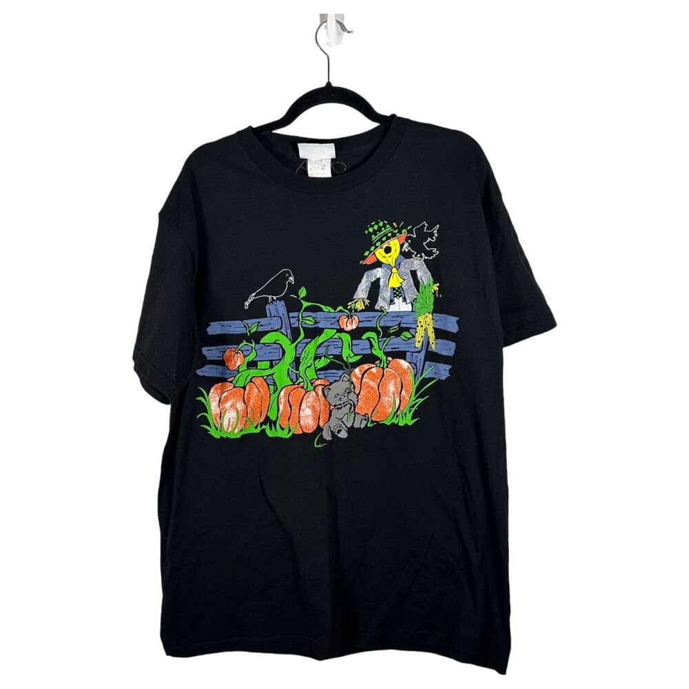 Vintage Halloween Scarecrow Crow Cat Pumpkin Graphic Shirt Size Large